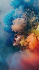 The photograph displays a side profile of a person with vibrant red lipstick, viewed through clouds of multi-colored smoke that create a dreamlike atmosphere. The colors, predominantly hues of blue, y
