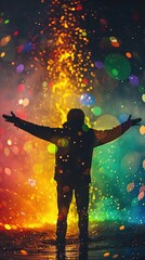 Naklejka premium A silhouetted figure stands with arms outstretched against a vibrant background filled with a flurry of brightly colored lights and bokeh. The figure appears jubilant or celebratory, capturing a momen