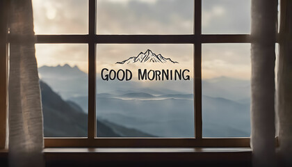 "GOOD MORNING" inscribed on a landscape seen through a window.