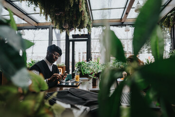 A stylish young entrepreneur engages with his smart phone in a botanical-themed urban coffee shop,...