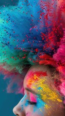 A close-up of a person's profile covered in a burst of colorful powder. The powder creates an explosion of pink, blue, red, and yellow hues against a dark background, highlighting the contours of the 