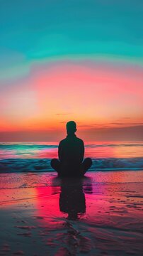 The image shows an individual sitting cross-legged on a beach, facing away from the camera towards a colorful ocean horizon. The person is silhouetted against a vibrant sky displaying a gradient of co