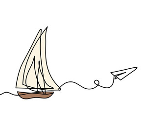 Abstract color boat with paper plane as line drawing on white
