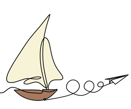 recommend clip art: Abstract color boat with paper plane as line drawing on white