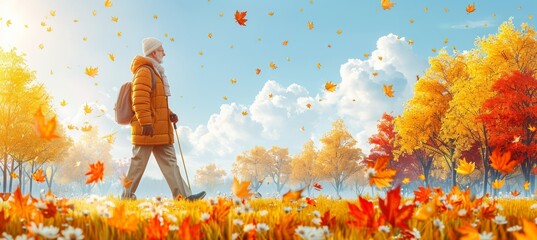 Serene scene of an elderly man leisurely walking with a cane in a beautiful sunlit park