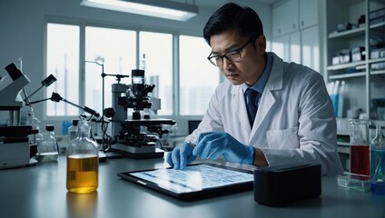 Tablet, scientist and typing on laptop in laboratory, healthcare and online research for medicine with analysis, Asian expert, computer and reading on clinical trials - obrazy, fototapety, plakaty