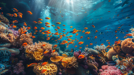 The underwater world of the red sea, with bright corals, colorful various fish.