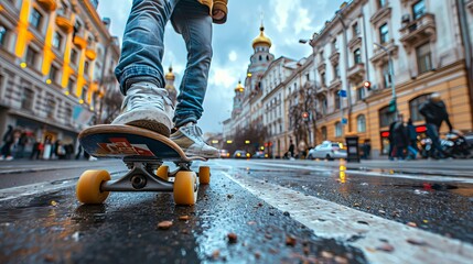 Naklejka premium Skateboarder s sneakers on artistically designed board, capturing urban skate culture essence