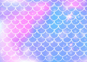 Princess mermaid background with kawaii rainbow scales pattern. Fish tail banner with magic sparkles and stars. Sea fantasy invitation for girlie party. Rainbow princess mermaid backdrop.