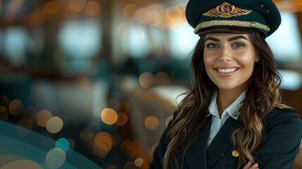 Professional indian woman in cruise ship crew uniform standing against soft pastel background