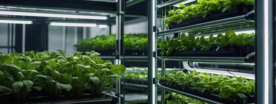 Vertical Farming Rack with Green Plants Growing in a Hydroponics System, LED Lamps Producing Ultraviolet Artificial Sunlight, Modern Agriculture Technology