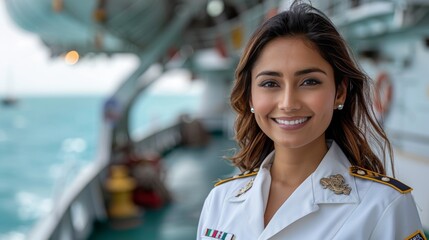 Indian cruise ship staff woman in uniform isolated on pastel background, hospitality industry worker