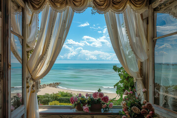 View to the sea from a rural living room decorated with flowers.