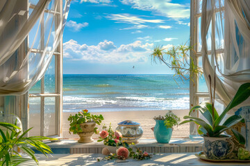 View to the sea from a rural living room decorated with flowers.