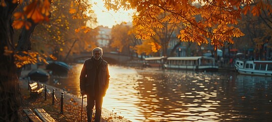Elderly man walking alone with a cane in the serene park on a sunny and peaceful day.