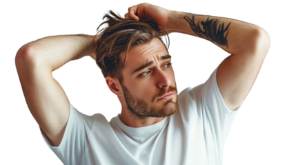 close up photo of a fashion model posing for fashion photography, man with an arm tattoo and nice looking long hair, hands touching hairs, looking sideways