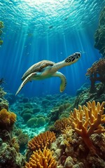 Green Sea Turtle  on a coral reef
