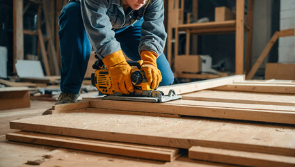 female floor carpenter hard at work putting new wooden floor in