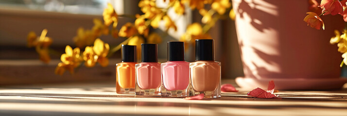 Four bottles of colorful nail polish in pink and peach shades with flowers on bright sunlit background. Professional manicure concept. Web banner.