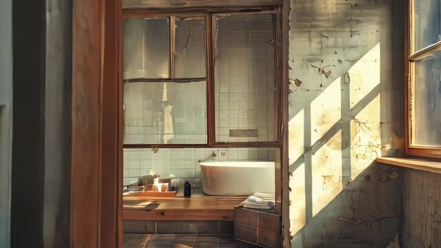 Vintage bathroom interior with bathtub and mirror. Toned image
