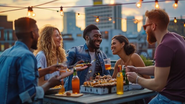A group of friends enjoying a rooftop barbecue in an urban setting, city skyline in the background, casual and fun atmosphere. Resplendent. - Powered by Adobe