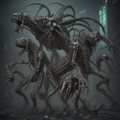 Wild monsters with many eyes and many teeth, biomechanical, cyberpunk pieces, steam punk mood, metallic fragments on the bodies, ai generative - 749538717