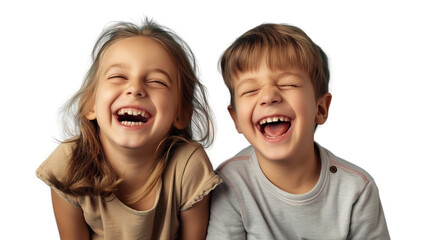 two little blind children smiling, photo of girl and boy laughing isolated on transparent background