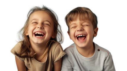 two little blind children smiling, photo of girl and boy laughing isolated on transparent background