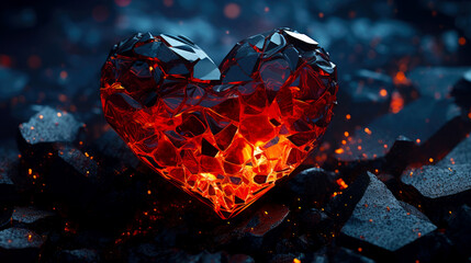 Broken heart with fiery lava inside. Anti-Valentine's day and heartbreak or break up concept.