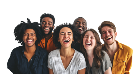 Group of blind girls and boys laughing, photo of group smiling at camera isolated on white background