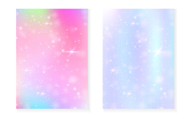 Unicorn background with kawaii magic gradient. Princess rainbow hologram. Holographic fairy set. Bright fantasy cover. Unicorn background with sparkles and stars for cute girl party invitation.