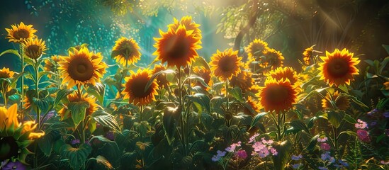 Fototapeta na wymiar A field of stunning mini sunflowers basking in the glorious sunlight, their bright yellow petals illuminated by the suns rays. The garden is serene as the sunflowers sway gently in the light breeze.