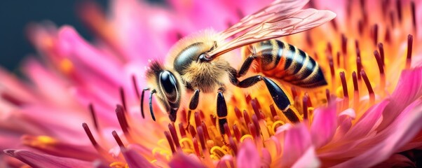Queen bee is collecting honey from natural flowers in the mountains, banner. Generative Ai. - obrazy, fototapety, plakaty