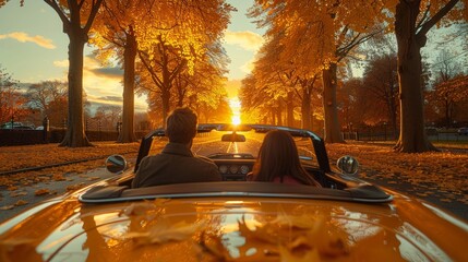 Newlywed couple on romantic honeymoon road trip, cruising in vintage car through picturesque route.