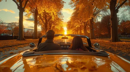 Fototapeten Newlywed couple on romantic honeymoon road trip, cruising in vintage car through picturesque route. © Viktoria