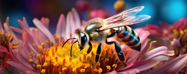 Gordijnen Queen bee is collecting honey from natural flowers in the mountains, banner. Generative Ai. © annamaria