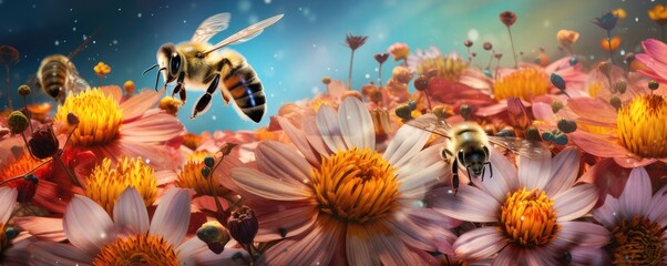 Obraz na płótnie Canvas Queen bee is collecting honey from natural flowers in the mountains, banner. Generative Ai.