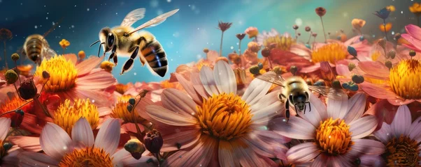 Kissenbezug Queen bee is collecting honey from natural flowers in the mountains, banner. Generative Ai. © annamaria
