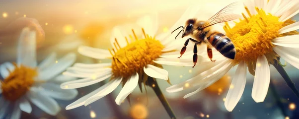 Foto op Aluminium Queen bee is collecting honey from natural flowers in the mountains, banner. Generative Ai. © annamaria