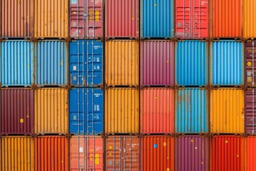 Maritime Commerce: Stacked Cargo Containers at Sea Port Terminal, Representing Worldwide Movement and Delivery of Goods