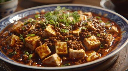 Authentic spicy mapo tofu dish close-up