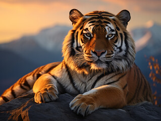 Bengal tiger sitting on rock during sunset - Powered by Adobe