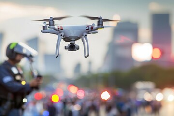Law Enforcement Innovation: Police Officer Utilizes Drone for Crowd Control and Cityscape Monitoring in Legal Services