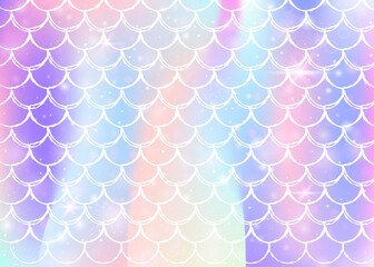 Kawaii mermaid background with princess rainbow scales pattern. Fish tail banner with magic sparkles and stars. Sea fantasy invitation for girlie party. Pearlescent kawaii mermaid backdrop.