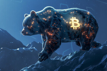 A Digital technology bear and the bear climb down from the mountain with a Golden Bitcoin logo Embedded in the bear's body, with a Digital Blue Background.
