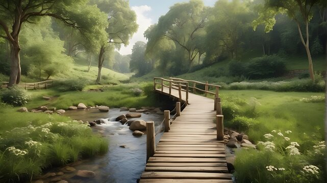 A tranquil countryside setting, with a rustic wooden bridge spanning over a babbling brook surrounded by lush greenery.