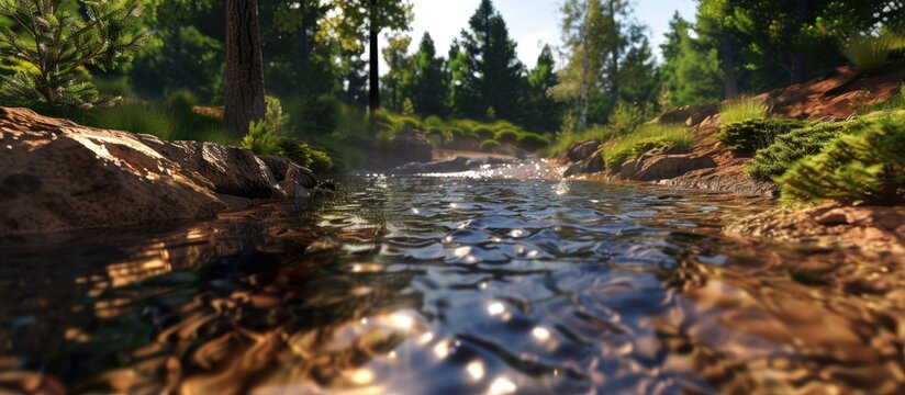 A freshwater rocky mountain stream winds its way through a dense, green forest. The stream is shallow, reflecting the surrounding foliage as it gurgles over small rocks and pebbles.