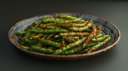 Spicy garlic green beans on decorative plate