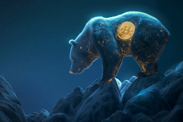 A Digital technology bear and the bear climb down from the mountain with a Golden Bitcoin logo Embedded in the bear's body, with a Digital Blue Background.