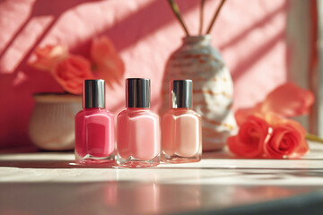 Three bottles of colorful nail polish in different shades of pink with tropical flowers on sunlit background. Professional manicure concept. Web banner.